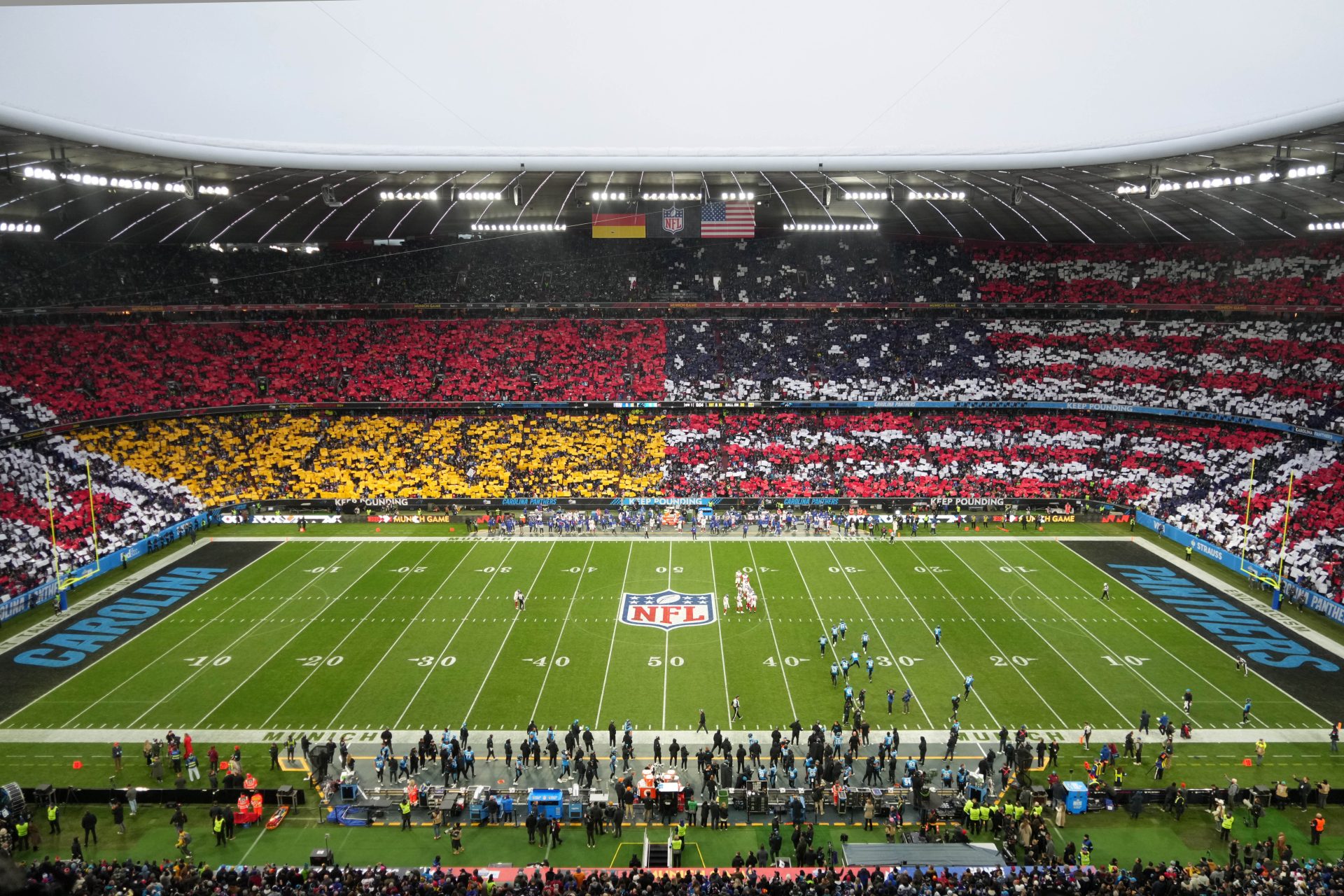 Nov 10, 2024; Munich, Germany; A general overall view of a tifo of the United States and Germany flags during the 2024 NFL Munich Game at Allianz Arena.