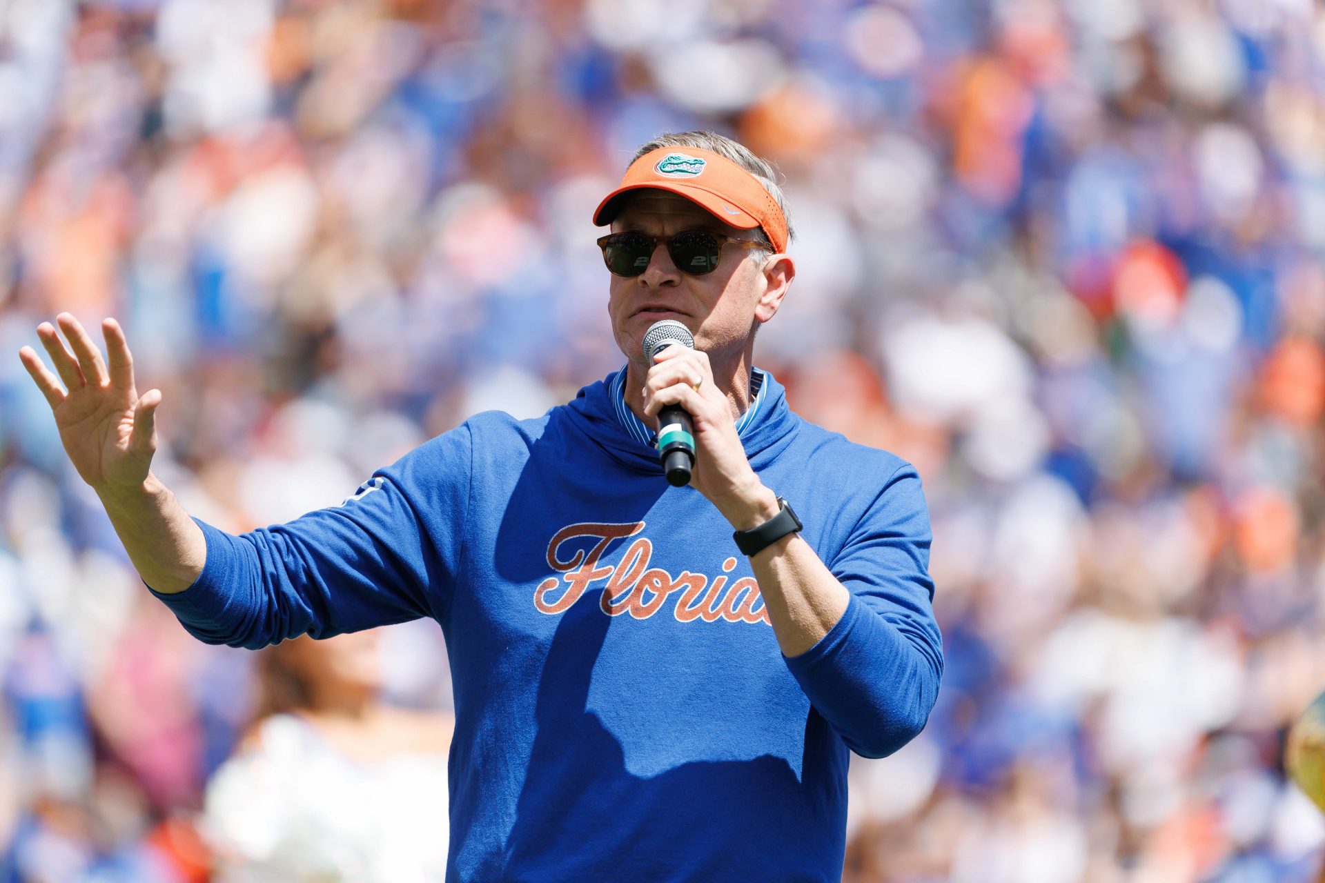 Apr 12, 2025; Gainesville, FL, USA; Florida Gators athletic director Scott Stricklin gestures towards the crowd during the National Championship celebration at Ben Hill Griffin Stadium.