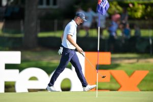 Aug 9, 2025; Memphis, Tennessee, USA; Justin Rose eighteenth green during the third round of the FedEx St. Jude Championship golf tournament.