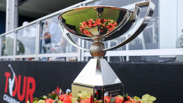 Aug 23, 2025; Atlanta, Georgia, USA; A detailed view of the FedExCup Trophy before the third round of the TOUR Championship golf tournament