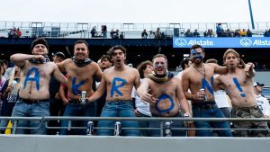 Akron Zips football student-fans cheer before the game against Wyoming, Aug. 28, 2025, at InfoCision Stadium in Akron, Ohio.