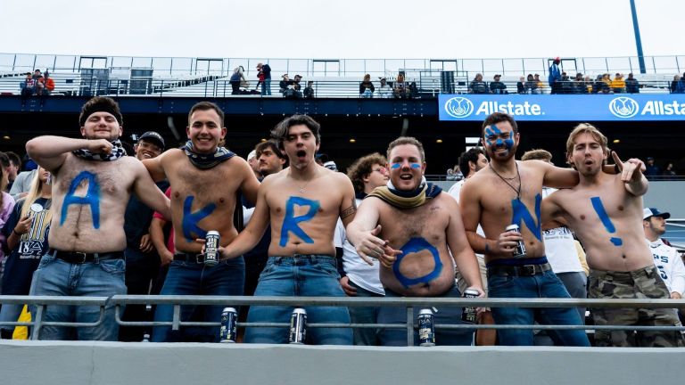 Akron Zips football student-fans cheer before the game against Wyoming, Aug. 28, 2025, at InfoCision Stadium in Akron, Ohio.