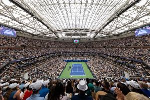 Sep 6, 2025; Flushing, NY, USA; A general view of the women’s singles final between Aryna Sabalenka of Belarus and Amanda Anisimova of the United States at the US Open at Arthur Ashe Stadium in Billie Jean King National Tennis Center.