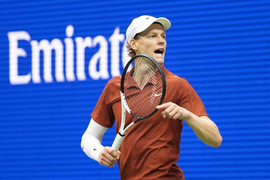Sep 7, 2025; Flushing, NY, USA; Jannik Sinner (ITA) reacts against Carlos Alcaraz (ESP) (not pictured) during the final of mens singles at Billie Jean King National Tennis Center.