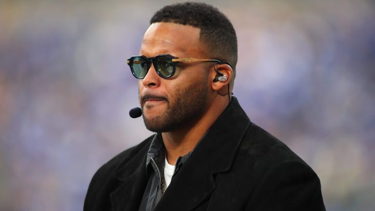 Former Pittsburgh Panther and retired NFL defensive tackle Aaron Donald speaks live as a special guest during the ESPN GameDay broadcast on the sidelines at Acrisure Stadium in Pittsburgh, PA prior to the start of the Pittsburgh Panthers vs Notre Dame Fighting Irish game on November 15, 2025.