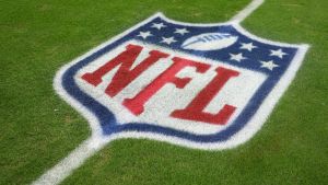 Nov 23, 2025; Paradise, Nevada, USA; The NFL shield logo on the field at Allegiant Stadium. Mandatory Credit: Kirby Lee-Imagn Images
