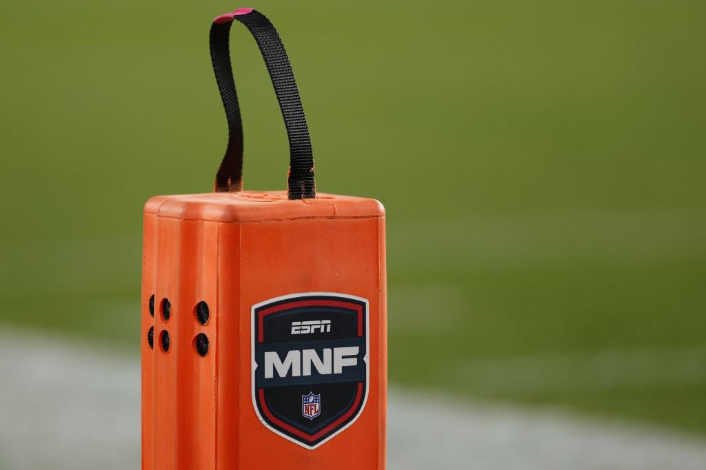 Nov 24, 2025; Santa Clara, California, USA; A detailed view of the ESPN Monday Night Football touchdown Pylon on the field at Levi's Stadium.