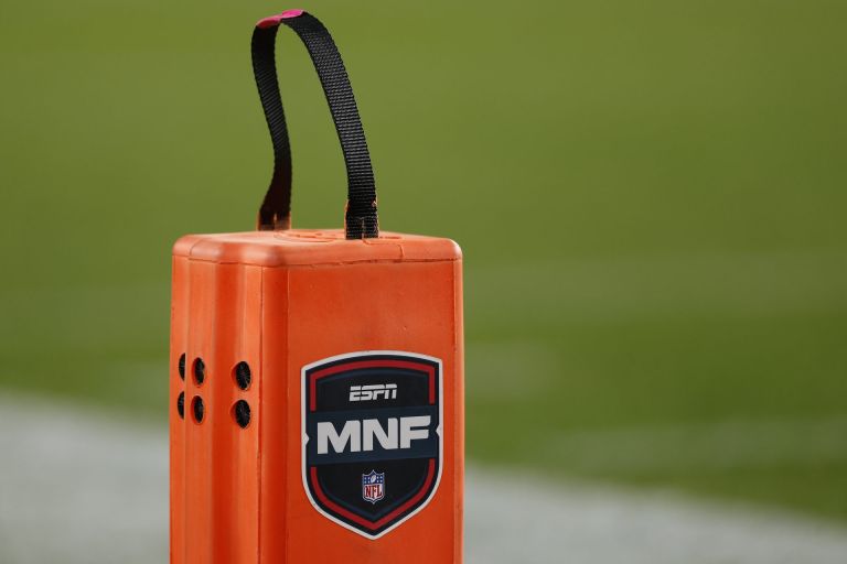 Nov 24, 2025; Santa Clara, California, USA; A detailed view of the ESPN Monday Night Football touchdown Pylon on the field at Levi's Stadium.