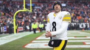 Dec 28, 2025; Cleveland, Ohio, USA; Pittsburgh Steelers quarterback Aaron Rodgers (8) looks on after the game against the Cleveland Browns at Huntington Bank Field. Mandatory Credit: Scott Galvin-Imagn Images