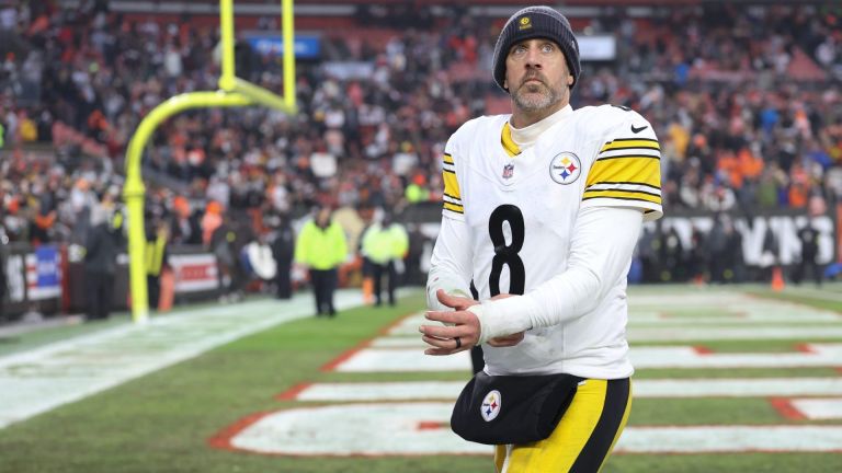 Dec 28, 2025; Cleveland, Ohio, USA; Pittsburgh Steelers quarterback Aaron Rodgers (8) looks on after the game against the Cleveland Browns at Huntington Bank Field. Mandatory Credit: Scott Galvin-Imagn Images
