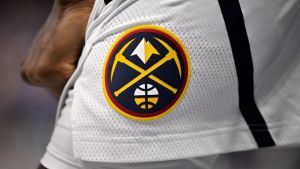 Jan 14, 2026; Dallas, Texas, USA; A view of the Denver Nuggets logo on the shorts of guard Tim Hardaway Jr. (10) during the game against the Dallas Mavericks at the American Airlines Center. Mandatory Credit: Jerome Miron-Imagn Images