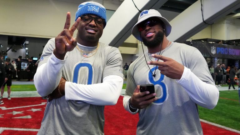 Feb 2, 2026; San Francisco, CA, USA; Los Angeles Rams linebackers Byron Young (0) and Jared Verse (8) pose during NFC practice at the NFL Flag Fieldhouse at Moscone Center South Building. Mandatory Credit: Kirby Lee-Imagn Images