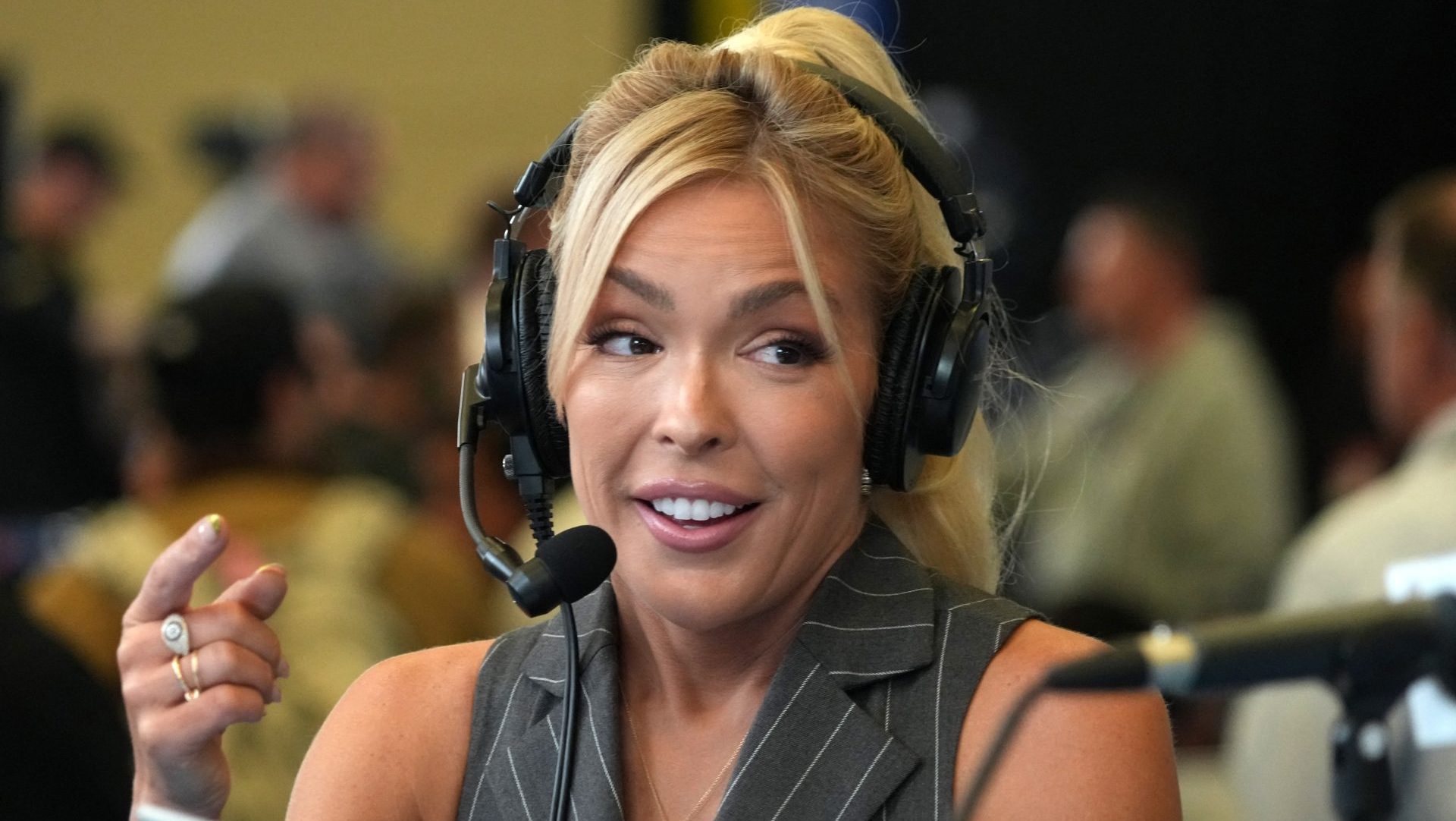 Feb 4, 2026; San Francisco, CA, USA; NFL Network host Colleen Wolfe on radio row at the Super Bowl LX media center at the Moscone Center. Mandatory Credit: Kirby Lee-Imagn Images