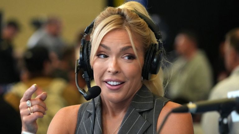 Feb 4, 2026; San Francisco, CA, USA; NFL Network host Colleen Wolfe on radio row at the Super Bowl LX media center at the Moscone Center. Mandatory Credit: Kirby Lee-Imagn Images
