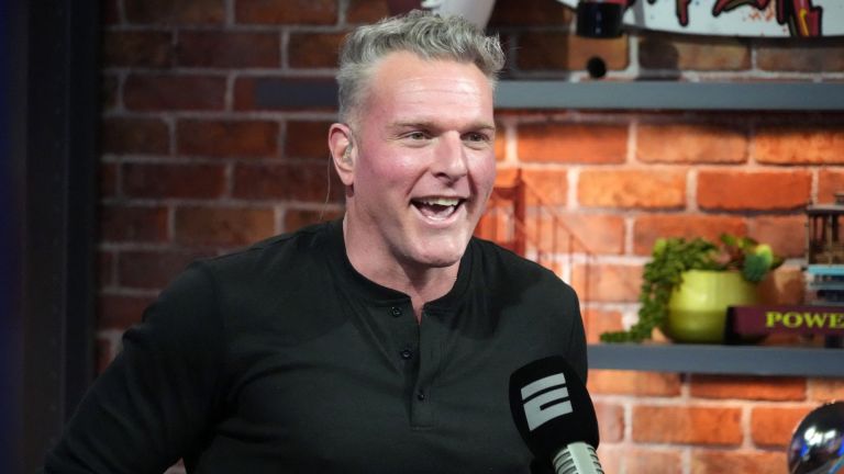 Feb 6, 2026; San Francisco, CA, USA; Pat McAfee on the Pat McAfee Show set at the Super Bowl LX media center at the Moscone Center. Mandatory Credit: Kirby Lee-Imagn Images