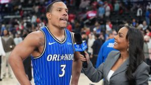 Feb 22, 2026; Inglewood, California, USA; Orlando Magic guard Desmond Bane (3) is interviewed by FanDuel Sports Network reporter Kendra Douglas after the game against the LA Clippers at Intuit Dome. Mandatory Credit: Kirby Lee-Imagn Images