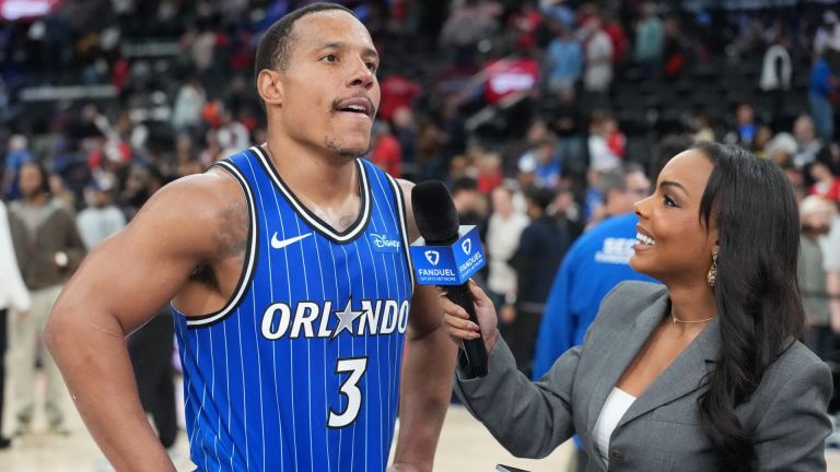 Feb 22, 2026; Inglewood, California, USA; Orlando Magic guard Desmond Bane (3) is interviewed by FanDuel Sports Network reporter Kendra Douglas after the game against the LA Clippers at Intuit Dome. Mandatory Credit: Kirby Lee-Imagn Images