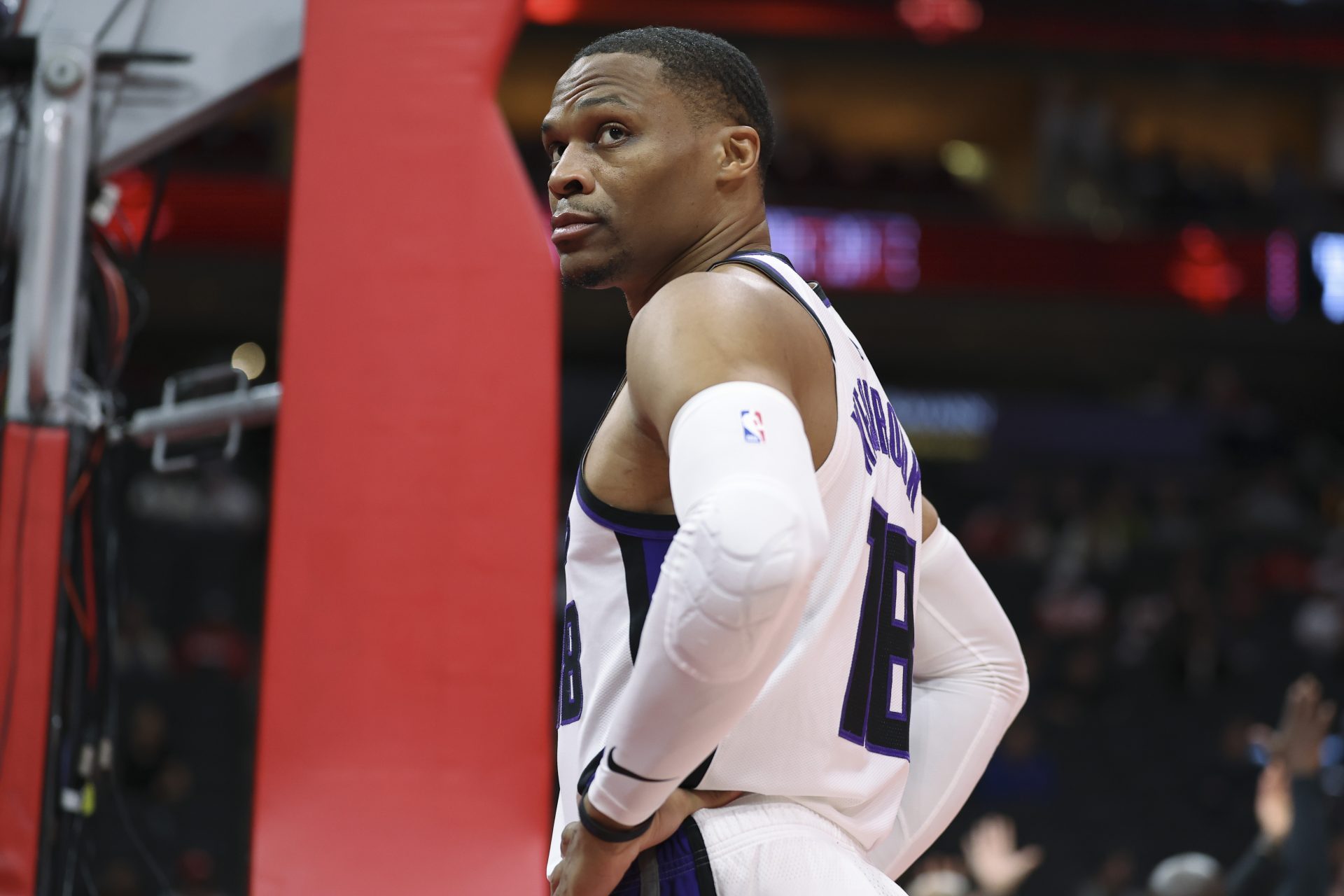 Feb 25, 2026; Houston, Texas, USA; Sacramento Kings guard Russell Westbrook (18) looks towards the crowd before the start of the game against the Houston Rockets at Toyota Center.