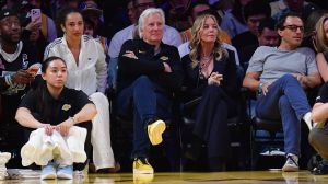 Mar 12, 2026; Los Angeles, California, USA; Los Angeles Lakers majority owner Mark Walter and team executive Jeannie Buss in attendance at Crypto.com Arena. Mandatory Credit