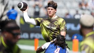 Mar 21, 2026; Los Angeles, CA, USA; Wildcats FFC quarterback Joe Burrow throws the ball during the Fanatics Flag Football Classic at BMO stadium. Mandatory Credit: Kirby Lee-Imagn Images