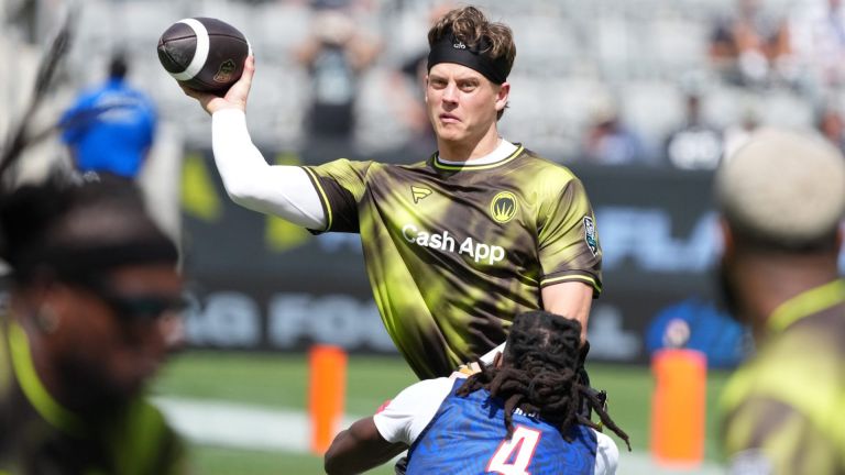 Mar 21, 2026; Los Angeles, CA, USA; Wildcats FFC quarterback Joe Burrow throws the ball during the Fanatics Flag Football Classic at BMO stadium. Mandatory Credit: Kirby Lee-Imagn Images