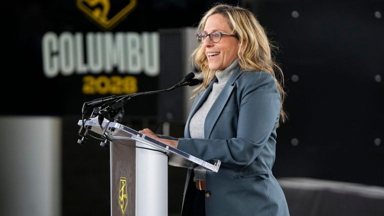 National Womens Soccer League commissioner Jessica Berman announces Columbus as the league's 18th club at ScottsMiracle-Gro Field on April 21, 2026. The club, set to begin play in 2028, will be owned by Haslam Sports Group (HSG), Nationwide and Drs. Christine and Pete Edwards.