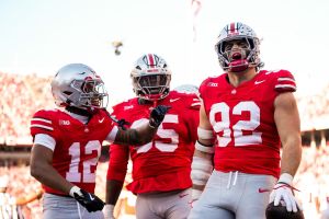 Ohio State Buckeyes defensive end Caden Curry (92) celebrates after recovering the fumble in the second half of the NCAA football game at Ohio Stadium on Saturday, Nov. 22, 2025 in Columbus, Ohio.