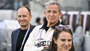 May 9, 2026; Los Angeles, California, USA; Former Disney CEO Bob Iger watches pregame warm ups before the game between Angel City FC and the San Diego Wave at BMO Stadium.