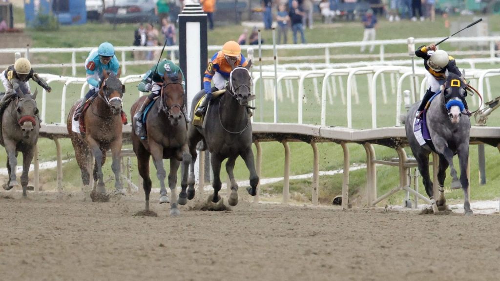 May 16, 2026; Laurel, MD, USA; Napoleon Solo (10) ridden by Paco Lopez leads Iron Honor (9) ridden by Flavien Prat, Chip Honcho (6) ridden by Jose Ortiz Jr., and Taj Mahal (1) ridden by Sheldon Russell down the stretch during the 151st Preakness Stakes at Laurel Park. Mandatory Credit: Amber Searls-Imagn Images
