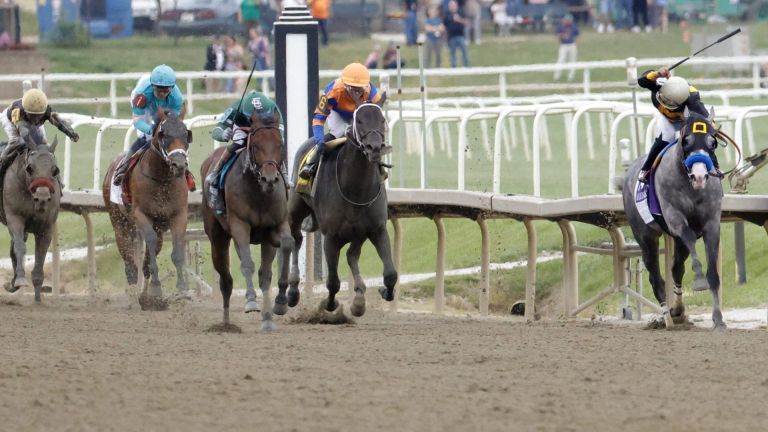 May 16, 2026; Laurel, MD, USA; Napoleon Solo (10) ridden by Paco Lopez leads Iron Honor (9) ridden by Flavien Prat, Chip Honcho (6) ridden by Jose Ortiz Jr., and Taj Mahal (1) ridden by Sheldon Russell down the stretch during the 151st Preakness Stakes at Laurel Park. Mandatory Credit: Amber Searls-Imagn Images