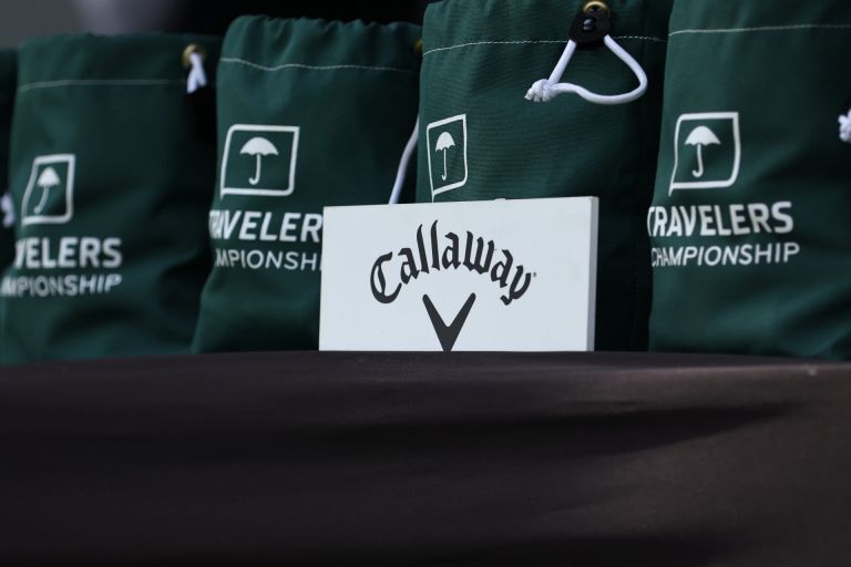 Jun 27, 2026; Cromwell, Connecticut, USA; Callaway sign at the driving range during the third round of the Travelers Championship golf tournament.