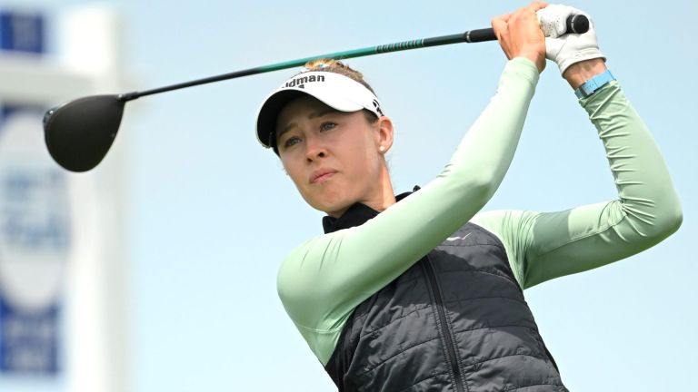 Jun 28, 2026; Chaska, Minnesota, USA; Nelly Korda takes a tee shot off of hole 1 during the final round of the KPMG Women's PGA Championship golf tournament. Mandatory Credit: Nick Wosika-Imagn Images