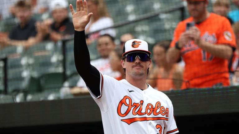 Jul 12, 2026; Baltimore, Maryland, USA; Baltimore Orioles catcher Adley Rutschman (35) waives to the fans before a game against the Kansas City Royals at Oriole Park at Camden Yards. Mandatory Credit: Daniel Kucin Jr.-Imagn Images