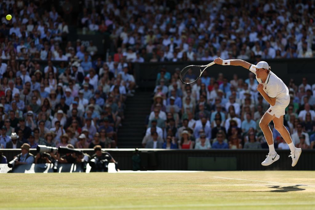 Jul 12, 2026; London, United Kingdom; Jannik Sinner (ITA) serves against Alexander Zverev (GER) (not pictured) in the gentlemen's singles final of The Championships Wimbledon 2026 at All England Lawn Tennis and Croquet Club.