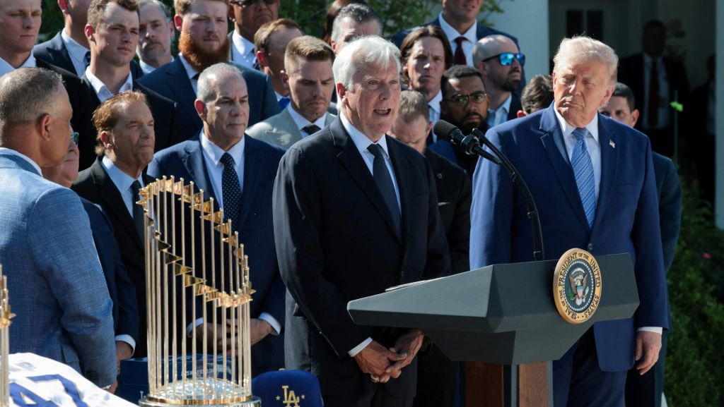 Mark Walter, CEO of Guggenheim Partners, speaks during a reception hosted by U.S. President Donald Trump for the reigning Major League Baseball (MLB) World Series champion Los Angeles Dodgers in the Rose Garden at the White House, Washington, D.C., U.S., July 23, 2026.