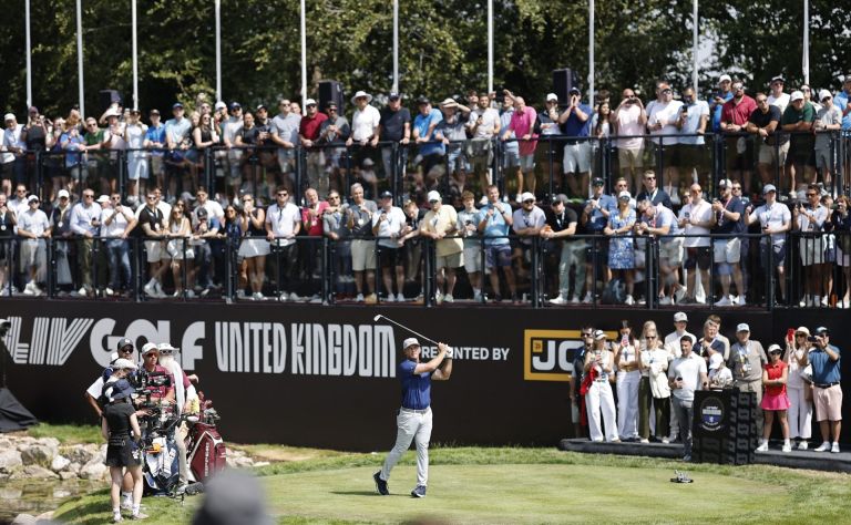 Golf - LIV Golf - United Kingdom - JCB Golf and Country Club, Uttoxeter, Britain - July 24, 2026 Crushers GC's Bryson DeChambeau in action as he hits a tee shot on the first hole during the second round