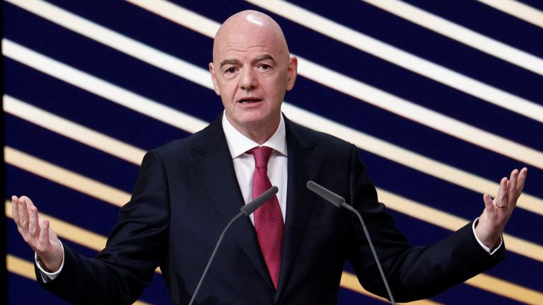 FILE PHOTO: Soccer Football - 50th Ordinary UEFA Congress - Brussels Expo, Brussels, Belgium - February 12, 2026 FIFA president Gianni Infantino speaks during the event