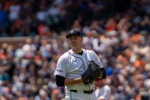 Detroit Tigers starting pitcher Tarik Skubal (29) looks at the fans after delivering his 1,000 strikeout against the Baltimore Orioles during the first inning at Comerica Park in Detroit on Wednesday, July 29, 2026.