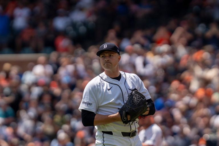Detroit Tigers starting pitcher Tarik Skubal (29) looks at the fans after delivering his 1,000 strikeout against the Baltimore Orioles during the first inning at Comerica Park in Detroit on Wednesday, July 29, 2026.