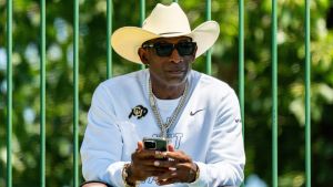 Deion Sanders takes in the second day of Cleveland Browns training camp, July 30, 2026, in Berea, Ohio.