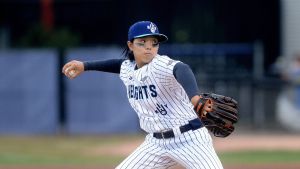 Rakyung Kim of the New York Heights pitches in the inaugural game of the Women's Pro Baseball League at Robin Roberts Stadium Aug. 1, 2026. The Los Angeles Queens defeated the Heights 10-8.