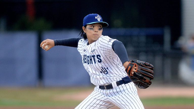 Rakyung Kim of the New York Heights pitches in the inaugural game of the Women's Pro Baseball League at Robin Roberts Stadium Aug. 1, 2026. The Los Angeles Queens defeated the Heights 10-8.