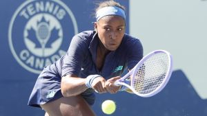 Aug 5, 2026; Toronto, Ontario, Canada; Coco Gauff (USA) hits a ball to Kayla Day (not pictured) during round two play of the National Bank Open at Sobeys Stadium. Mandatory Credit: John E. Sokolowski-Imagn Images