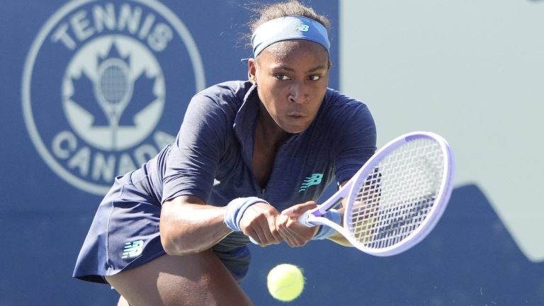 Aug 5, 2026; Toronto, Ontario, Canada; Coco Gauff (USA) hits a ball to Kayla Day (not pictured) during round two play of the National Bank Open at Sobeys Stadium. Mandatory Credit: John E. Sokolowski-Imagn Images