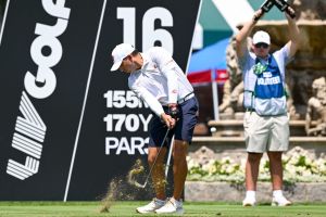 Aug 7, 2026; Bedminster, New Jersey, USA; Sergio García tees off on the 16th hole during the second round of the LIV Golf New York tournament at Trump National Bedminster. Mandatory Credit: