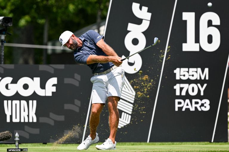 Aug 7, 2026; Bedminster, New Jersey, USA; Dustin Johnson tees off on the 16th hole during the second round of the LIV Golf New York tournament at Trump National Bedminster.