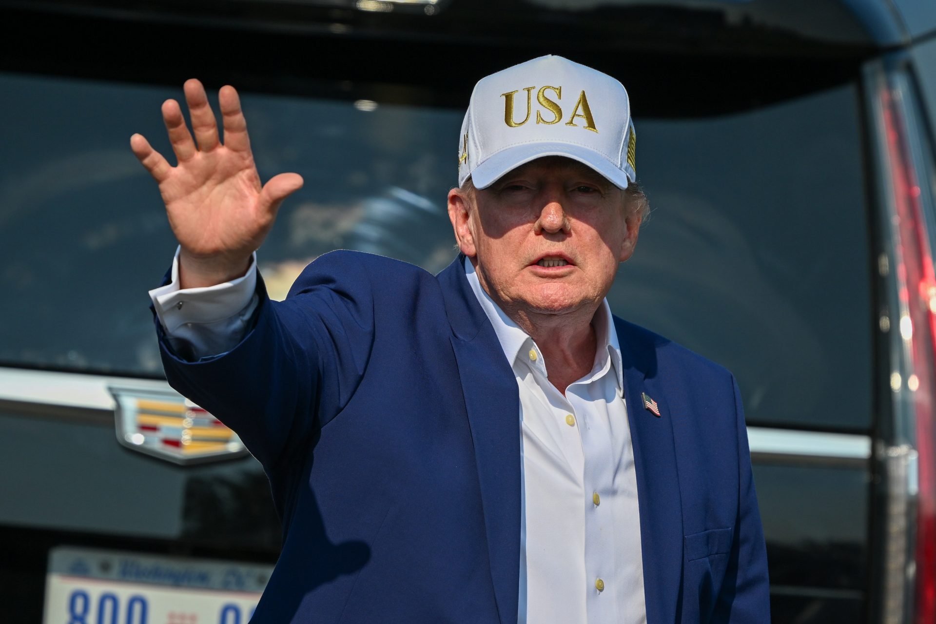 Aug 9, 2026; Bedminster, New Jersey, USA; President Donald Trump waves goodbye after the final round of the LIV Golf New York tournament at Trump National Bedminster.