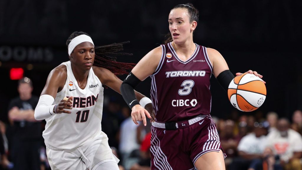 Aug 10, 2026; College Park, Georgia, USA; Toronto Tempo guard Marina Mabrey (3) dribbles against Atlanta Dream guard Rhyne Howard (10) in the third quarter at Gateway Center Arena at College Park. Mandatory Credit: Colin Hubbard-Imagn Images