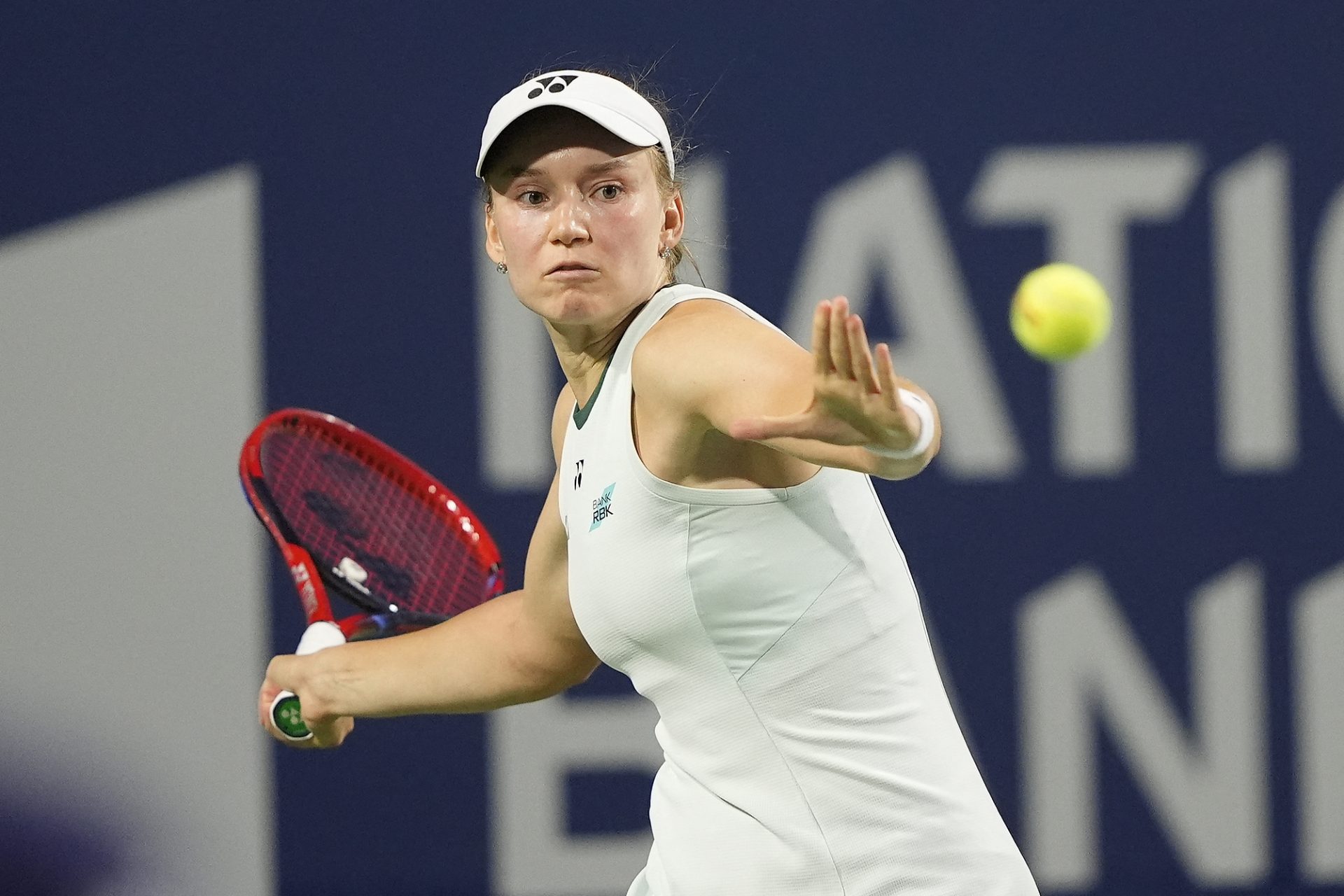 Aug 11, 2026; Toronto, Ontario, Canada; Elena Rybakina (KAZ) hits a ball to Naomi Osaka (not pictured) during the quarter finals at the National Bank Open at Sobeys Stadium.