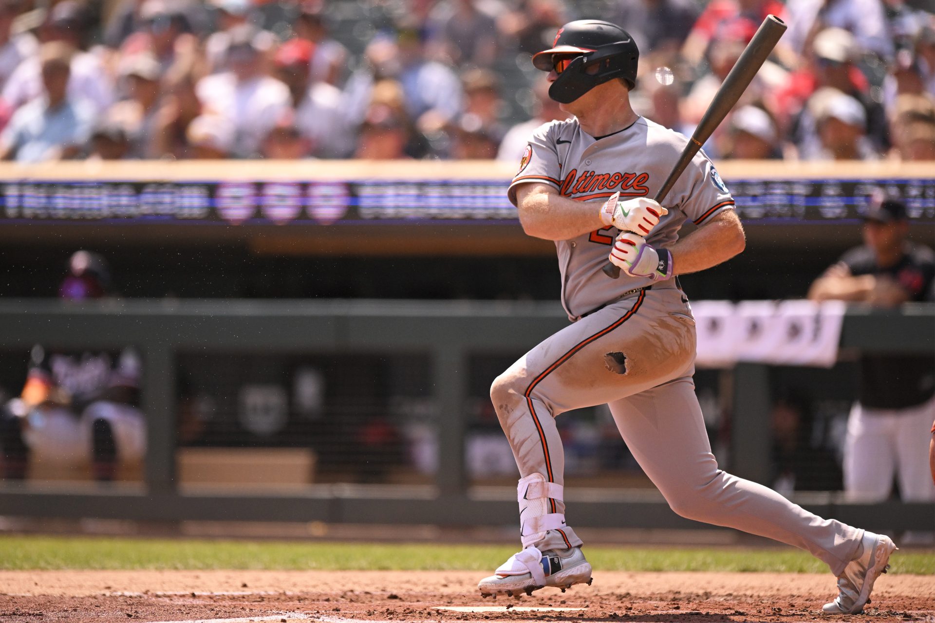 Aug 12, 2026; Minneapolis, Minnesota, USA; Baltimore Orioles infielder Pete Alonso (25) hits a single against the Minnesota Twins during the third inning at Target Field.